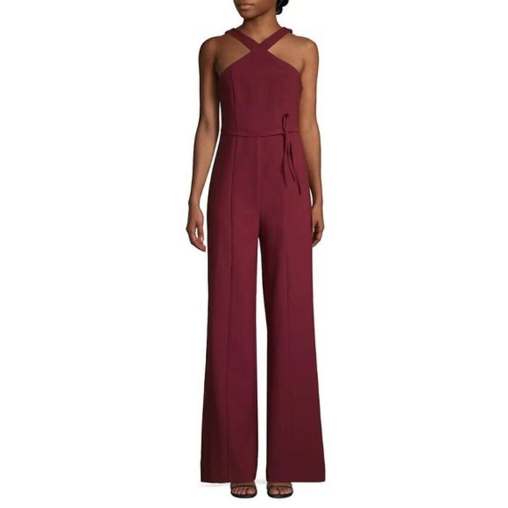 Likely Burgundy Maroon Dash Wide Leg Sleeveless Halter Neck Belted Jumpsuit